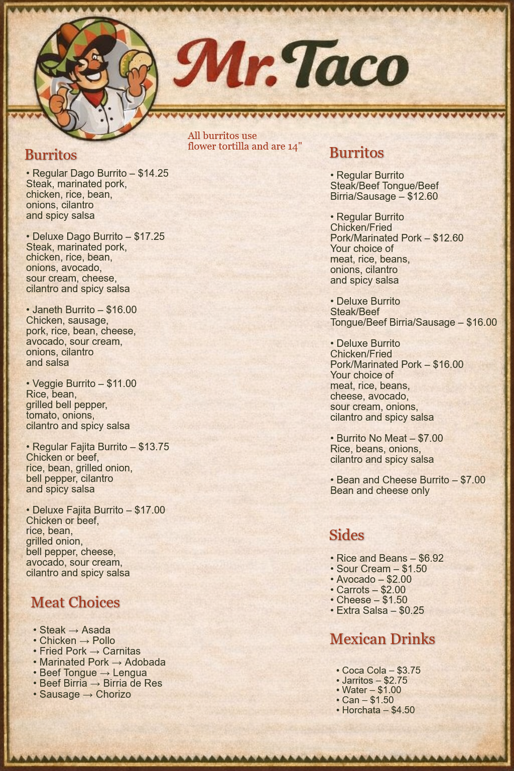 Mr. Taco Menu - Back Side